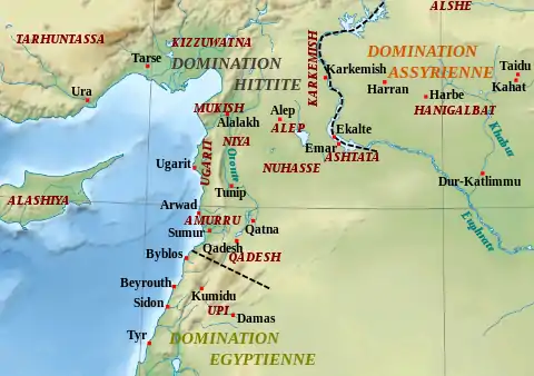 Les principales cités de Syrie à l'époque de l'hégémonie hittite (XIIIe siècle av. J.-C.).