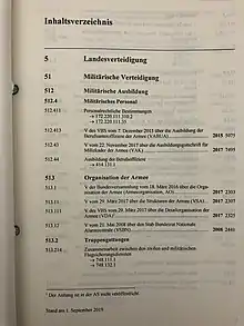 Photographie de la première page de la table des matières du volume 5 du Recueil systématique en langue allemande
