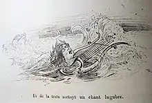 La tête d'Orphée et une lyre flottent sur l'eau.