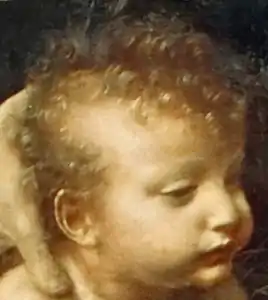 Peinture. Portrait d'un enfant dans une pose identique au dessin.