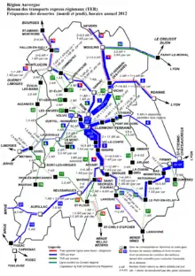 Carte de la fréquence de la desserte les jours-type de pleine semaine (mardi et jeudi) en 2012.