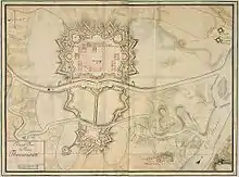 reproduction d'un plan d'époque montrant le plan de la ville et de ses fortifications