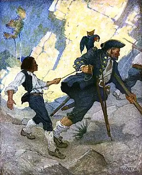 Le portrait de Long John Silver (jambe de bois, béquille, tricorne et perroquet) a grandement influencé l'iconographie moderne du pirate.