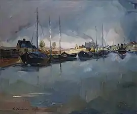 Kaarel Liimand (1906–1941), Bateaux fluviaux sur l'Emajõgi, 1938. Toile, huile.