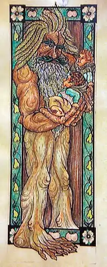 Illustration de Sylvebarbe avec les Hobbits Merry et Pippin dans ses mains.