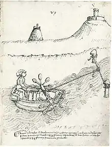 Dessin d'un jeune homme portant une tunique et un bonnet, remontant une rivière grâce à un bateau à roues à aubes.