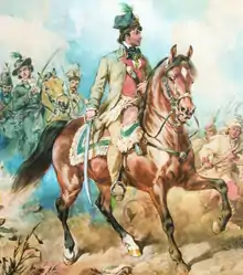 Peinture d'un homme à cheval tenant un sabre. Plusieurs cavaliers le suivent et des fantassins chargent avec des lances à l'arrière-plan.