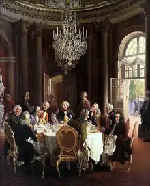 Tableau représentant un repas à la table royale au palais de Sans-souci.