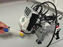 Photo d'un robot Mindstorms EV3 en action. Il ressemble à un petit chien. Sa brique moteur remplace sa tête.