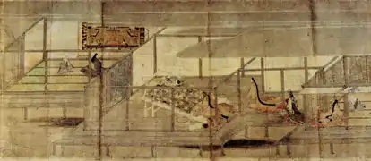 Plan d'intérieur du Taima-dera, où les espaces ménagés montrent plusieurs étapes du récit, grâce au fukinuki yatai. Taima mandala engi, XIIIe.