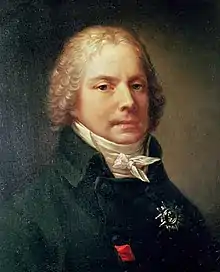 Portrait de Talleyrand, en buste, chevelure bouclée, foulard blanc noué autour du cou.