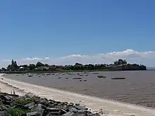 Photographie d'une baie à marée basse avec en arrière plan un éperon entouré de remparts et surmonté du village et de l'église de Talmont