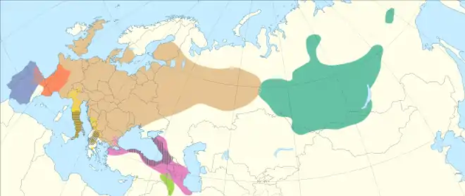 Carte de l'Eurasie montrant les aires de répartition des espèces du genre Talpa.