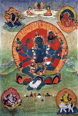 Thangka avec Tara verte (Samaya Tara Yogini) au centre et les Taras bleue, rouge, blanche et jaune dans les angles, XVIIIe siècle, Tibet oriental, Rubin Museum of Art.