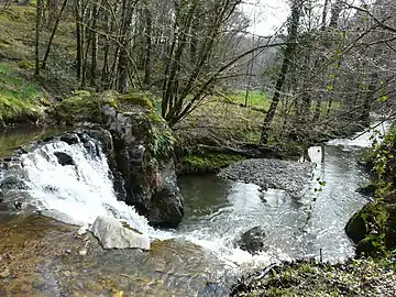 Cascade sur le Taravellou, en aval du pont précédent, en limite de Saint-Rabier (au premier plan) et Châtres.