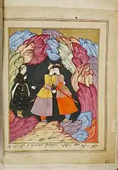 dans une grotte formée de flammes aux couleurs froides, deux chevaliers en costumes persans s'étreignent ; derrière eux se tient une femme