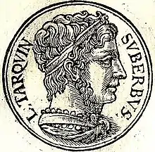 Portrait en buste de Lucius Tarquinius Superbus, dit Tarquin le Superbe (-534 - 509). Lithographie appartenant à un ensemble pictural portant le titre : « Promptuarii Iconum Insigniorum »