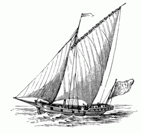Gravure d'un bateau à voile latine triangulaire, avec une autre voile à l'avant, voguant sur les flots