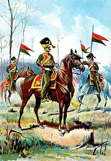 dessin représentant au premier plan un cavalier coiffé d'un bonnet de fourrure la main sur la hanche et, en arrière-plan, d'autres cavaliers armées de lances dont l'un tire au mousqueton.