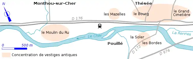 Carte représentant des zones de concentration de vestiges antiques dans un plan moderne.