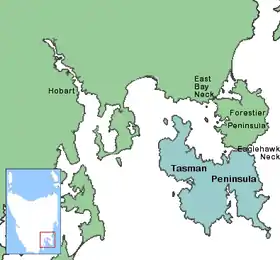 Carte de localisation de la péninsule de Tasman avec la péninsule de Forestier la reliant au reste de la Tasmanie.