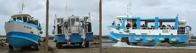 Tatihou II, le bateau amphibie qui relie l'île Tatihou à Saint-Vaast-la-Hougue, en flottant à marée haute, en roulant à marée basse.