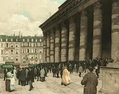 Aquatinte de Tavík František Šimon montrant l’animation aux abords du palais Brongniart vers les années 1900.