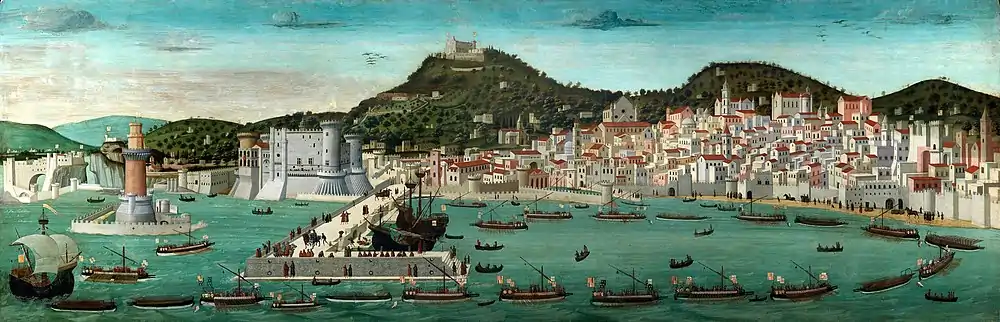 Peinture de la baie de Naples avec une flottille de bateaux, la ville à droite et le Vésuve au fond.