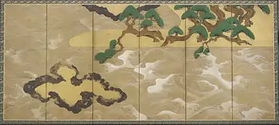 Tawaraya Sotatsu. Les vagues à Matsushima. Deux paravents à 6 feuilles. Encre, couleurs, argent et or / papier, 2 x (1,66 × 3,70 m)