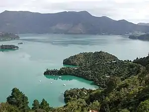 Photographie d'une baie où mouillent des navires de plaisance, enserrée dans des pentes couvertes de forêts.