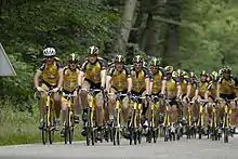 Un peloton de cyclistes sur une route en forêt.