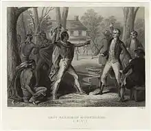 Un Amérindien torse nu lève un tomahawk au-dessus de sa tête et pointe du doigt Harrison qui tient son sabre.