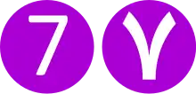 Chiffre 7 dans deux disques colorés, en caractère latin e( en caractère arabe.
