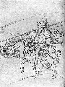 Dessin au crayon d'un chevalier assis sur son cheval et se préparant pour une bataille.