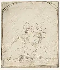 Autoportrait de l'artiste dessinant, dessin de Arent de Gelder (c. 1661-1663, Rijksmuseum Amsterdam). S'inspire des œuvres tardives de Rembrandt, dans son atelier.