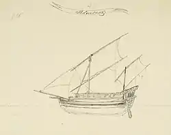 Tekening van een inlands vaartuig uit de Oostindische Archipel een Paduakang