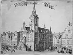 Dessin de l'ancien hôtel de ville, façade Hoogstraat.