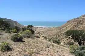 Teldi depuis le haut de la vallée d'Assaka: la falaise de droite (côté nord) montre la stratigraphie du Crétacé inférieur du bassin d'Agadir-Essaouira (dominée par les marnes et argiles avec rares bancs de grés et calcaires)