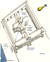 Représentation schématisée d'un bâtiment cruciforme entouré de galeries à portiques.