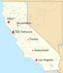 Une carte de Californie indiquant Ukiah, Sacramento, San Francisco, Fresno, Bakersfield et Los Angeles.