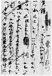 Tempyō Biwa Fu 天平琵琶譜 (circa 738 AD), partition de la « Bankasō 番假崇 », musique pour Biwa. (Shōsō-in, Nara, Japon)