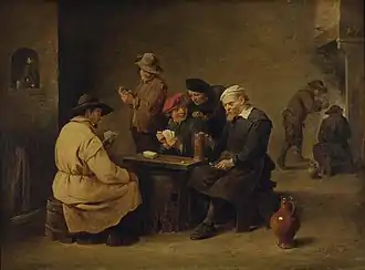 Tableau montrant un groupe d'hommes jouant aux cartes dans un cabaret.