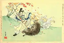 L'empereur Yūryaku et un sanglier, 1896.