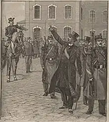Gravure représentant deux hommes en civil, portant haut de forme et costume de ville, escortés par une troupe de militaires.