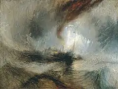 Tempête de neige, un vapeur quitte le port, émet des signaux (1842).