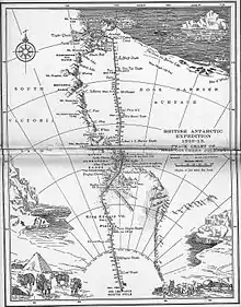 Carte de la région traversée par l'expédition. Deux traces sont dessinés et traverses la carte verticalement.