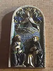 Terracotta invetriata de 1520. Madone de la Neige entre saint Bartolomeo et saint Dominique. Anonyme. Volterra.