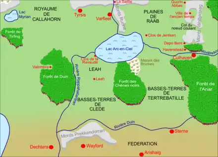 Une carte indiquant des villes, des fleuves et des montagnes.