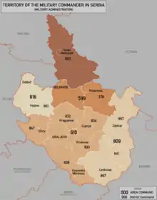 Carte indiquant les divisions administratives du territoire de la Serbie occupée par l'Allemagne nazie.
