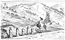 Dessin d'une zone montagneuse avec un petit chemin bordé par des crânes et une vieille tour en ruine au fond